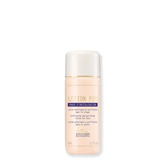 Lotion P50 de Biologique Recherche en envase cilíndrico translúcido con tapa blanca, loción exfoliante y equilibrante para el cuidado facial