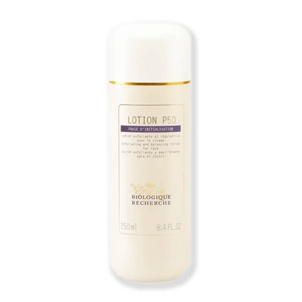 frasco blanco Biologique Recherche Lotion P50 - Tónico Exfoliante sobre fondo claro