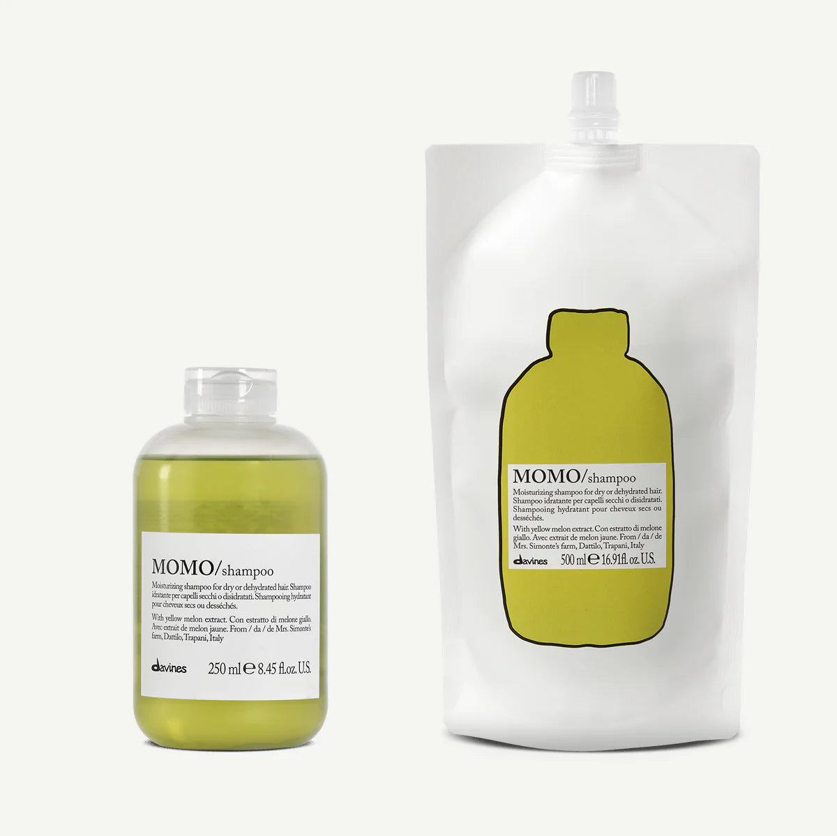 SET MOMO Shampoo 250ml + Refill Champú 500ml hidratante para cabello seco o deshidratado, más recarga