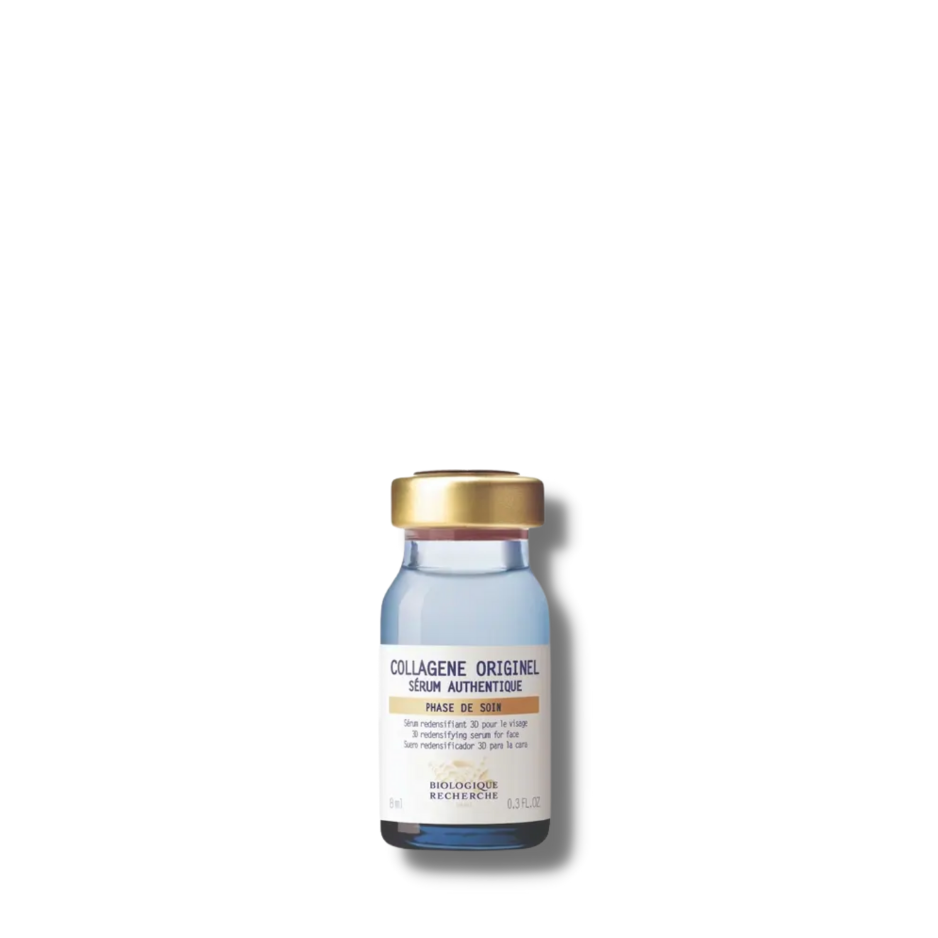 frasco de cristal transparente Biologique Recherche Collagène Originel - Sérum Facial en fondo blanco