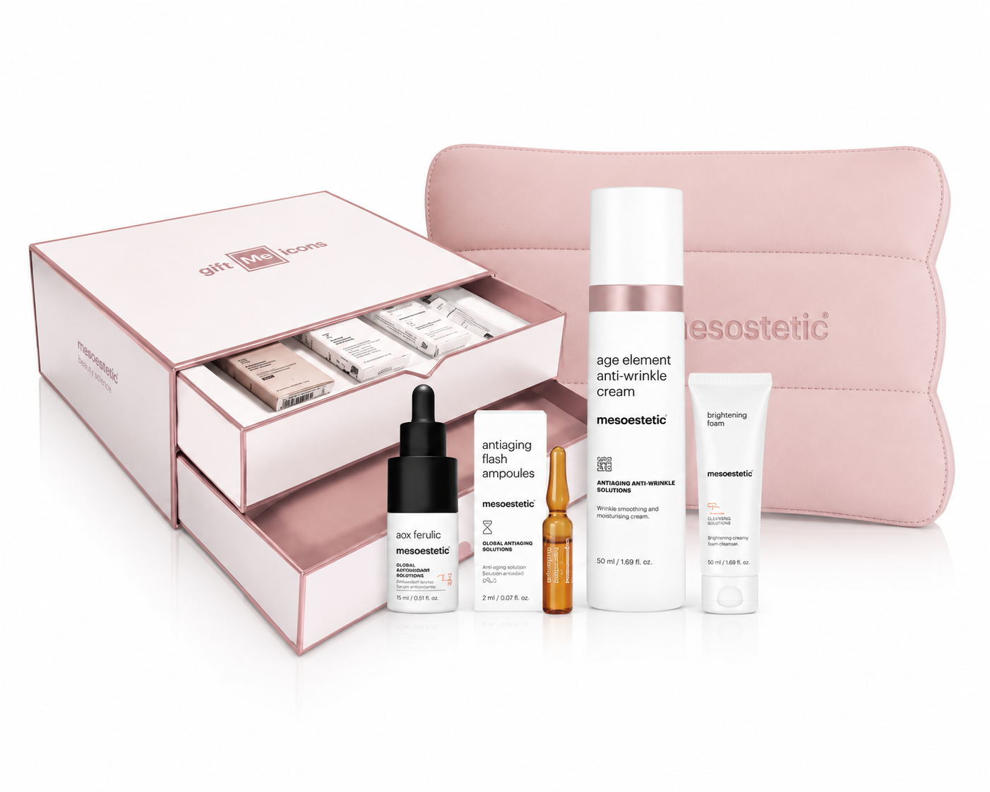 Kit Anti-Wrinkle Routine Mesoestetic — AOX Ferulic, Antiaging Flash Ampoules, Age Element Anti-Wrinkle Cream, Brightening Foam y neceser regalo