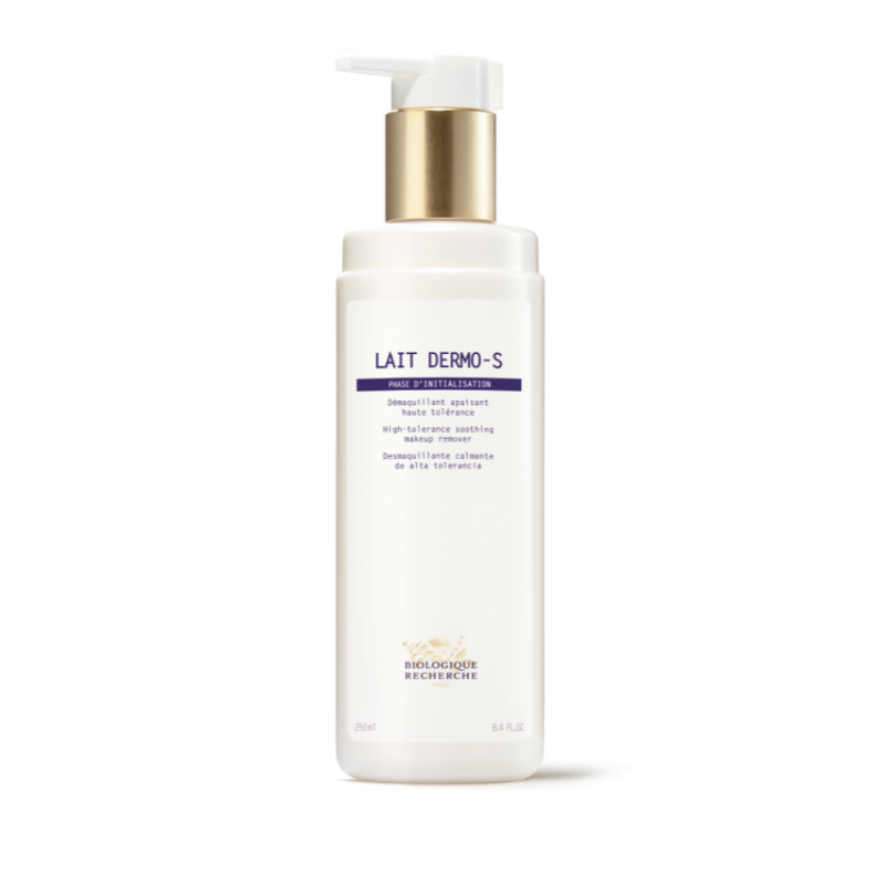 lait-dermo-s biologique recherche, leche limpiadora calmante con dosificador, formulada para limpiar delicadamente y aliviar la sensibilidad cutánea